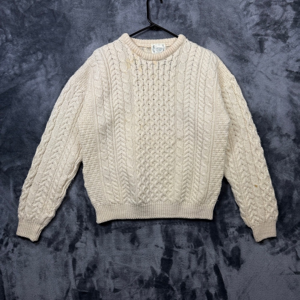 Carraig Donn Aran Sweater M Cream Pure New Wool Cable Knit Made in Ireland
